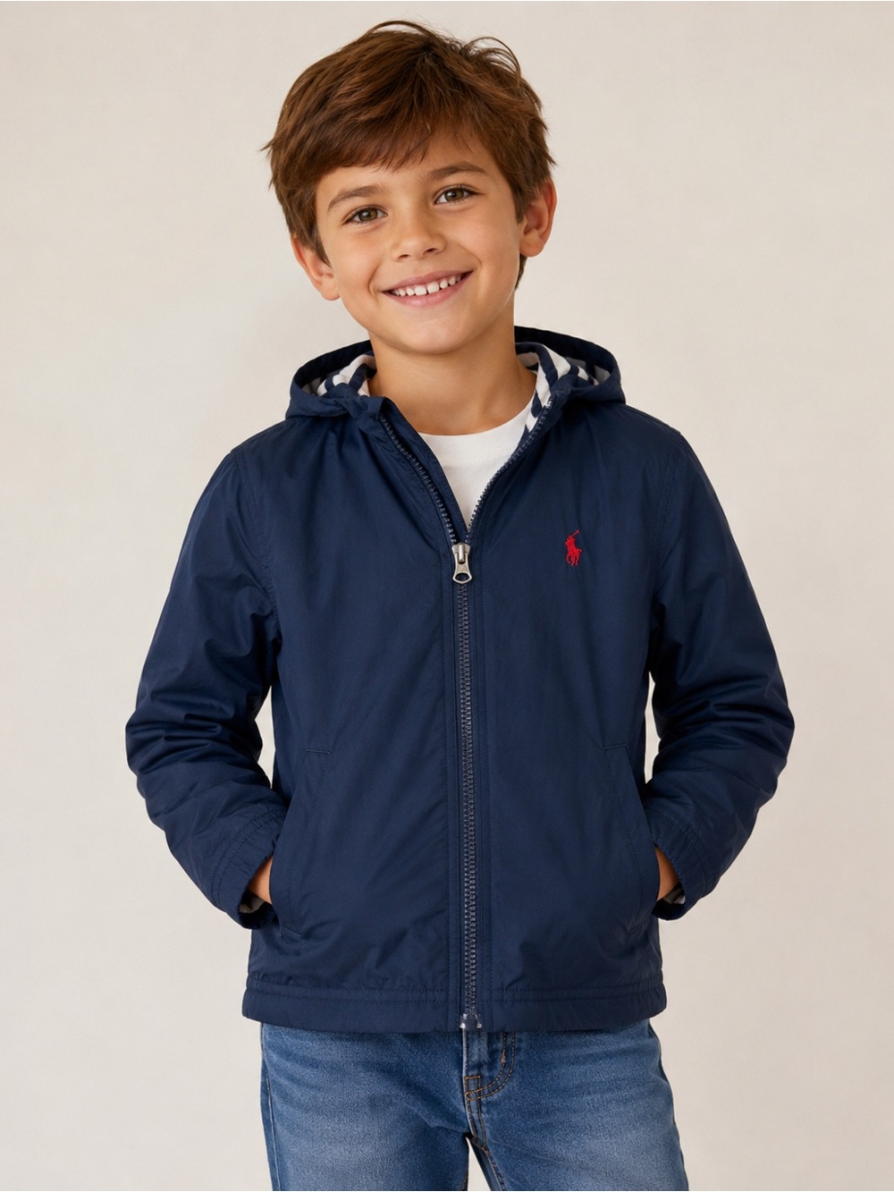 Polo Ralph Lauren Boys Navy Fleece-Lined Windbreaker Jacket Packable Hood Size 8